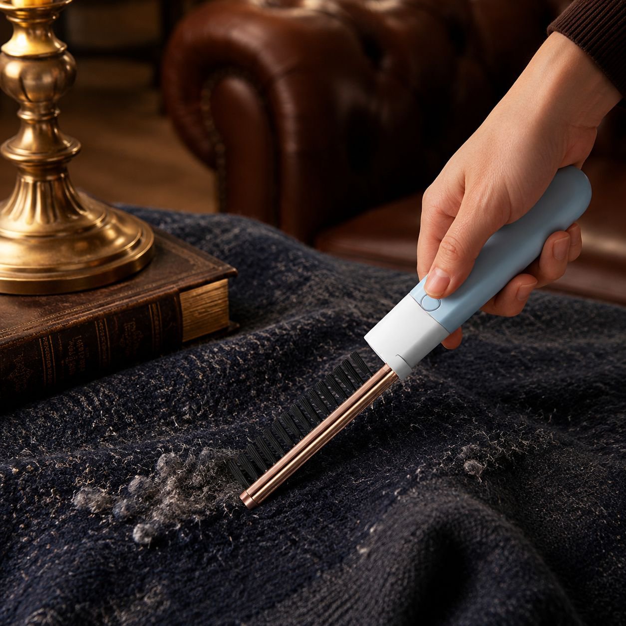 Reusable double-sided brush removing pet hair from couch