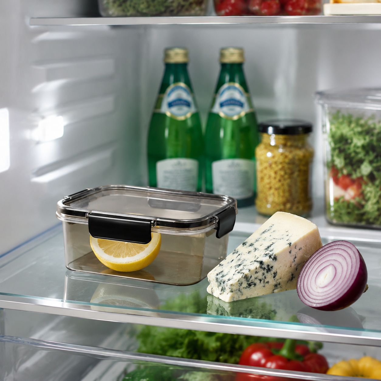 Stackable airtight containers inside a fridge
