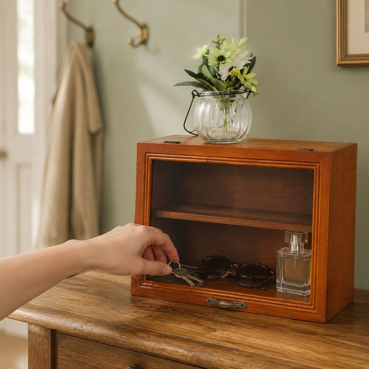 Makeup organizer box with dustproof glass doors and wooden frame