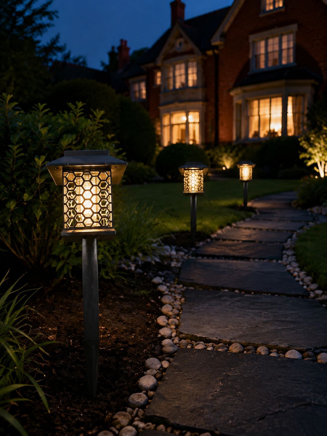 Outdoor solar lawn light illuminating garden pathway