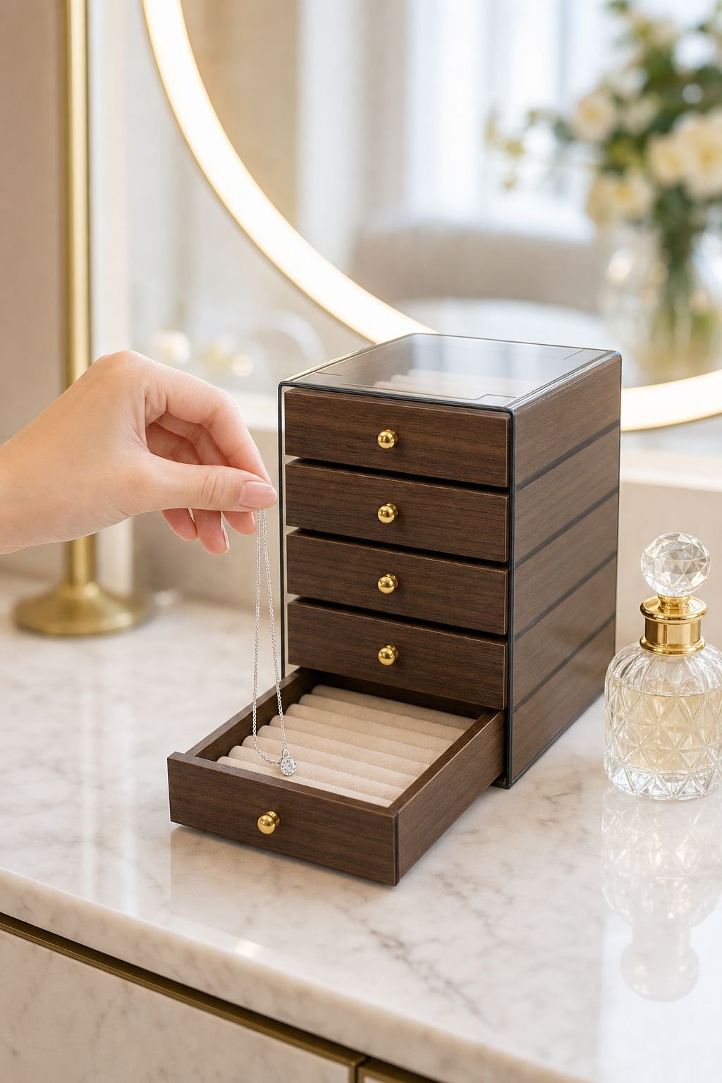 Top view of walnut jewelry box with accessories