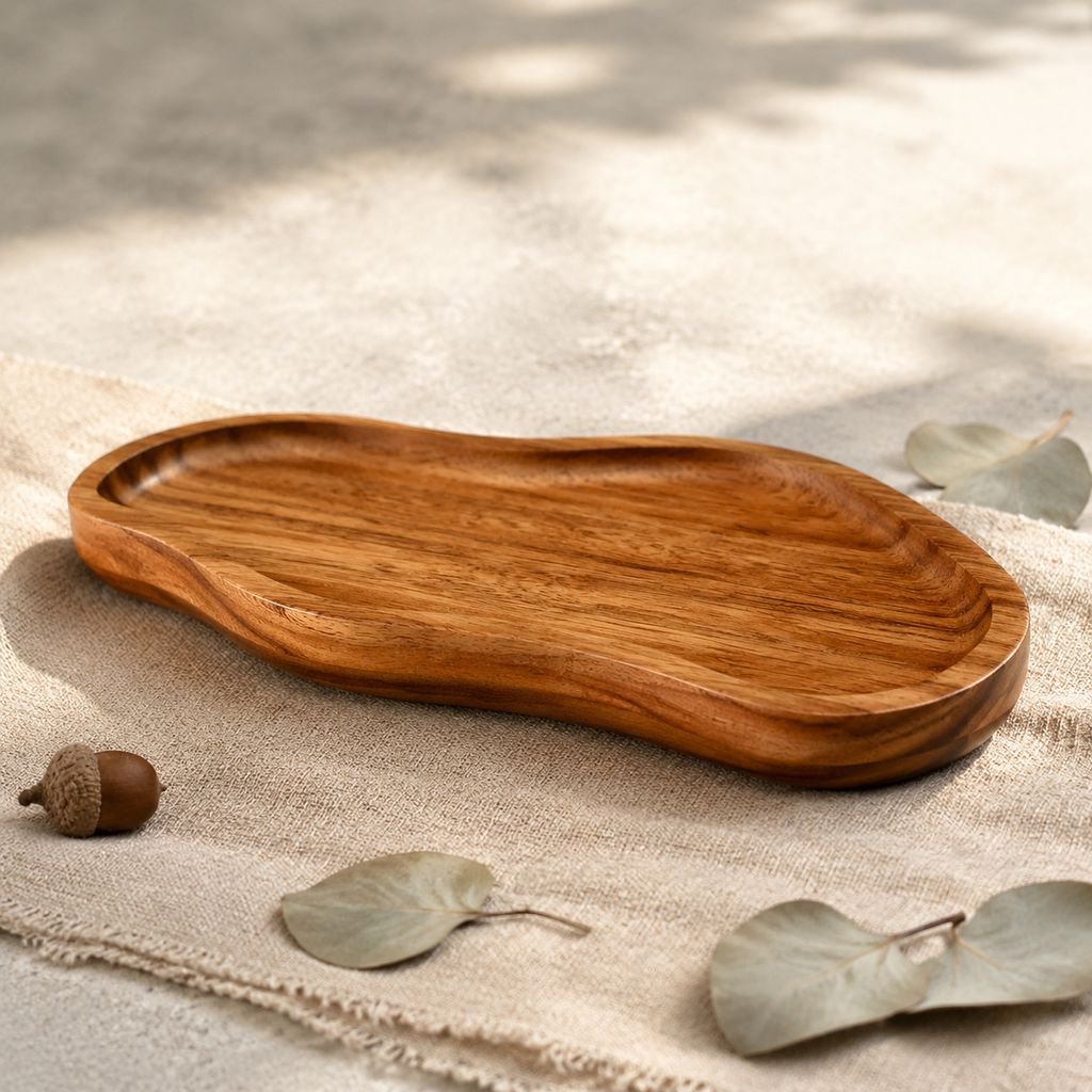 Modern wooden snack plate with peanuts and snacks