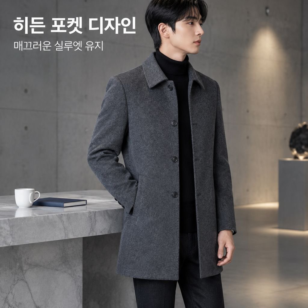 남성 봄가을 슬림 미디 롱 카라 모직 코트 트렌치 자켓