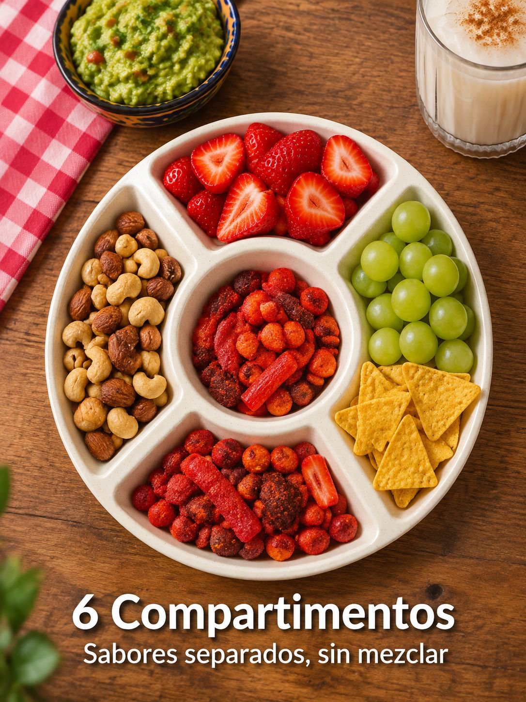 Bandeja de 6 compartimentos para frutas y aperitivos de paja de trigo