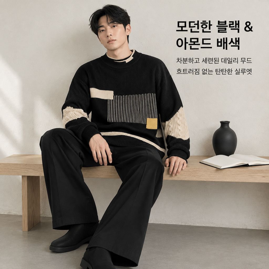 남성 겨울 하프넥 반폴라 배색 니트 스웨터 루즈핏 이너웨어
