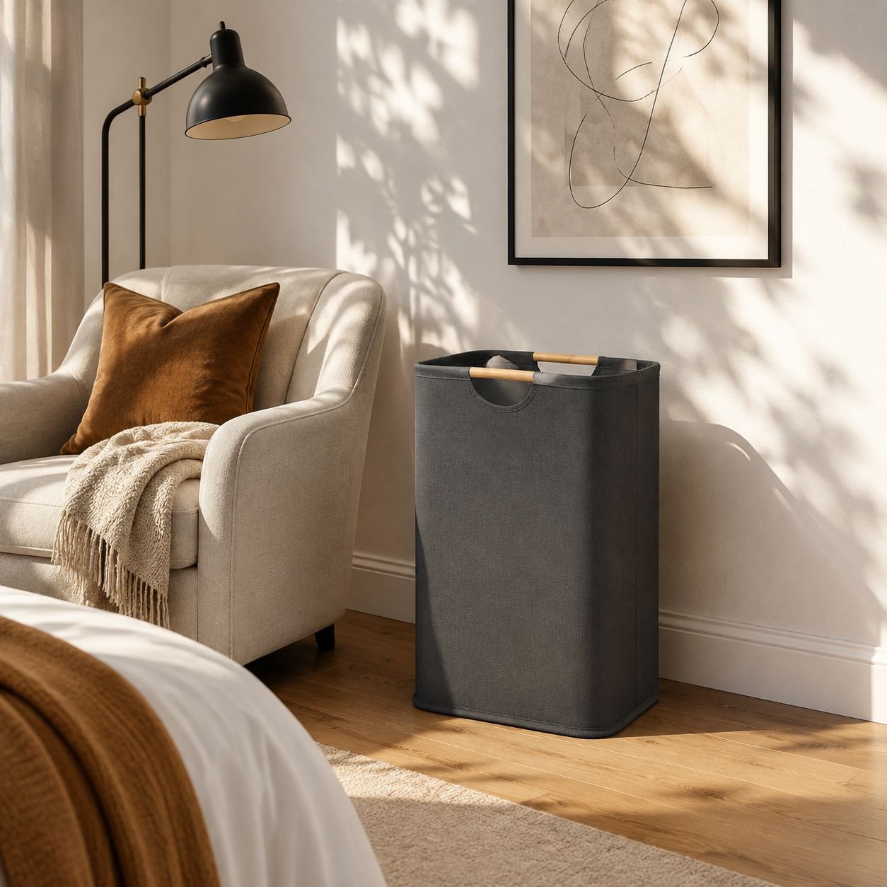 Durable fabric laundry basket in neutral color