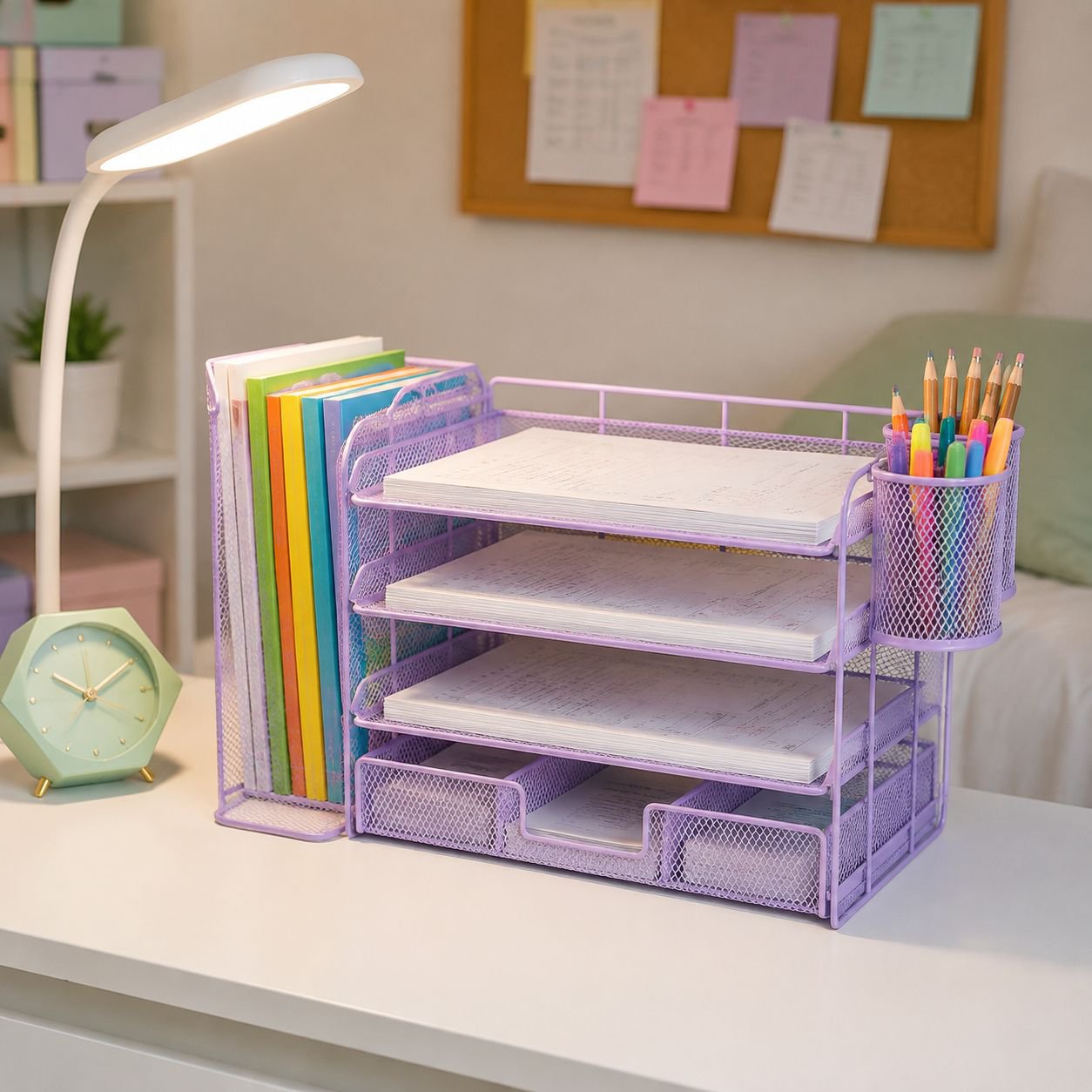 Desktop organizer rack holding folders and papers