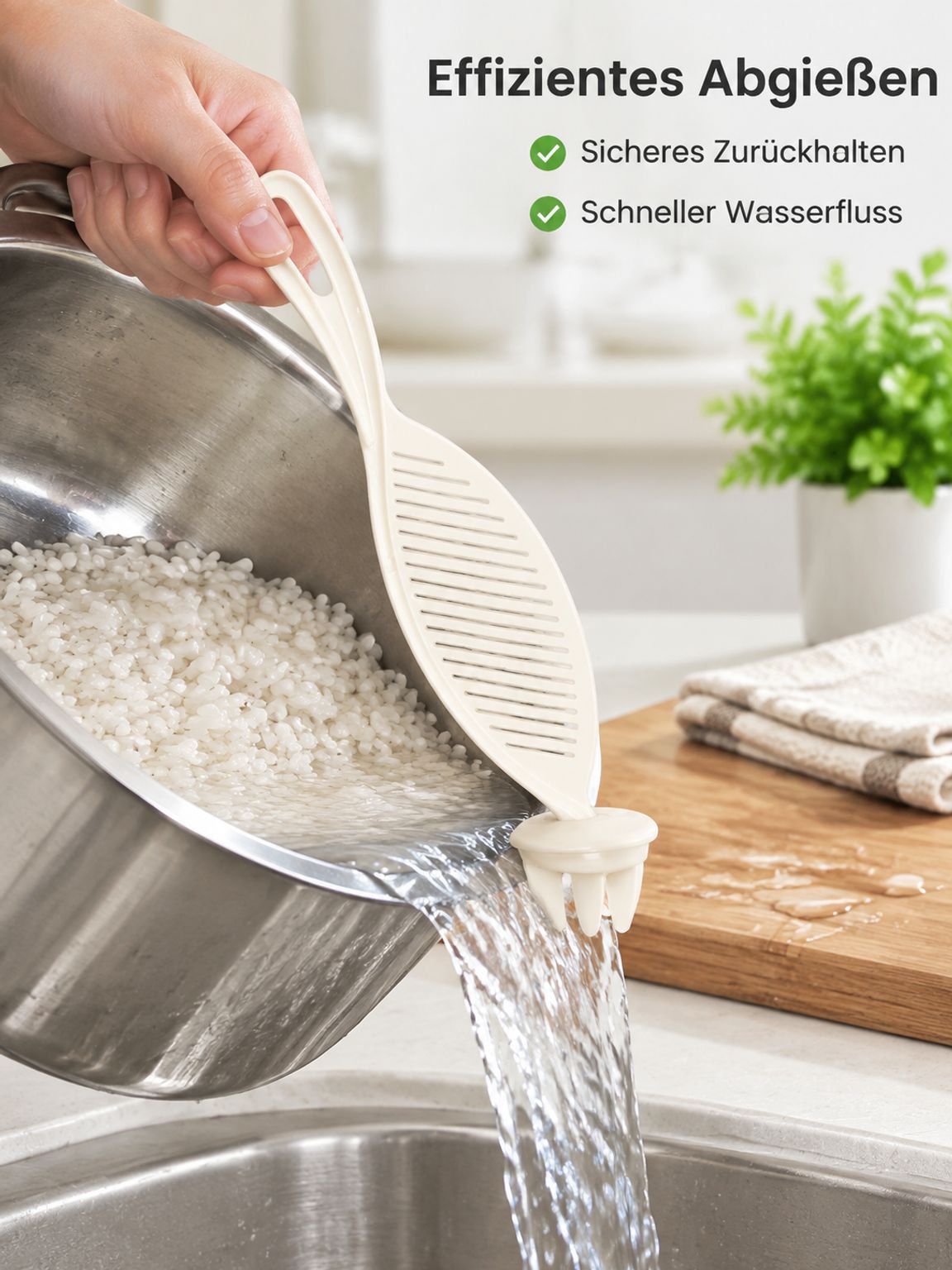 Kälteschutz-Reiswaschhilfe: Spritzschutz für schnelles Abspülen und Abgießen