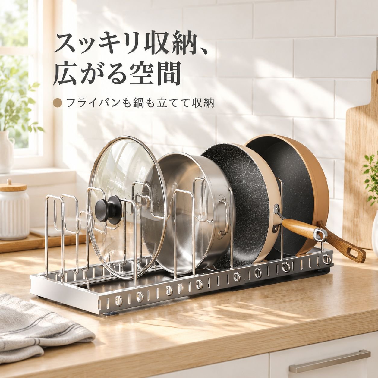 調節・伸縮可能なステンレス製調理器具・皿収納ラック