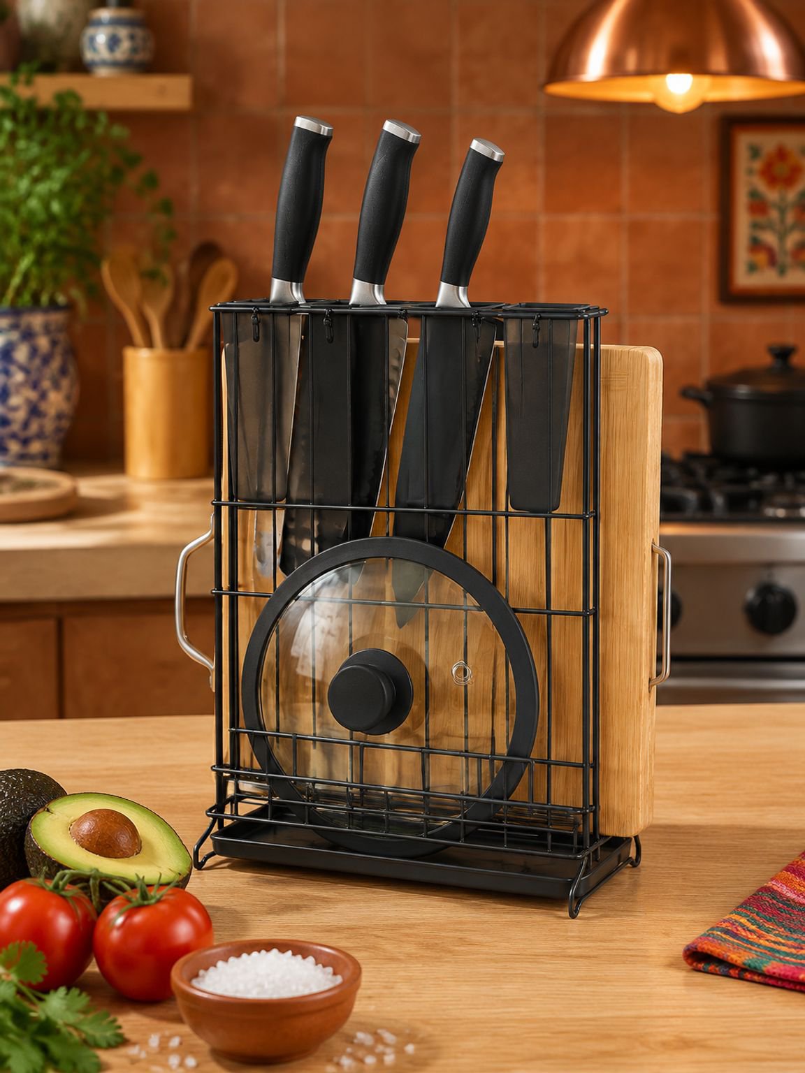 Soporte doméstico para cucharas con tabla de picar