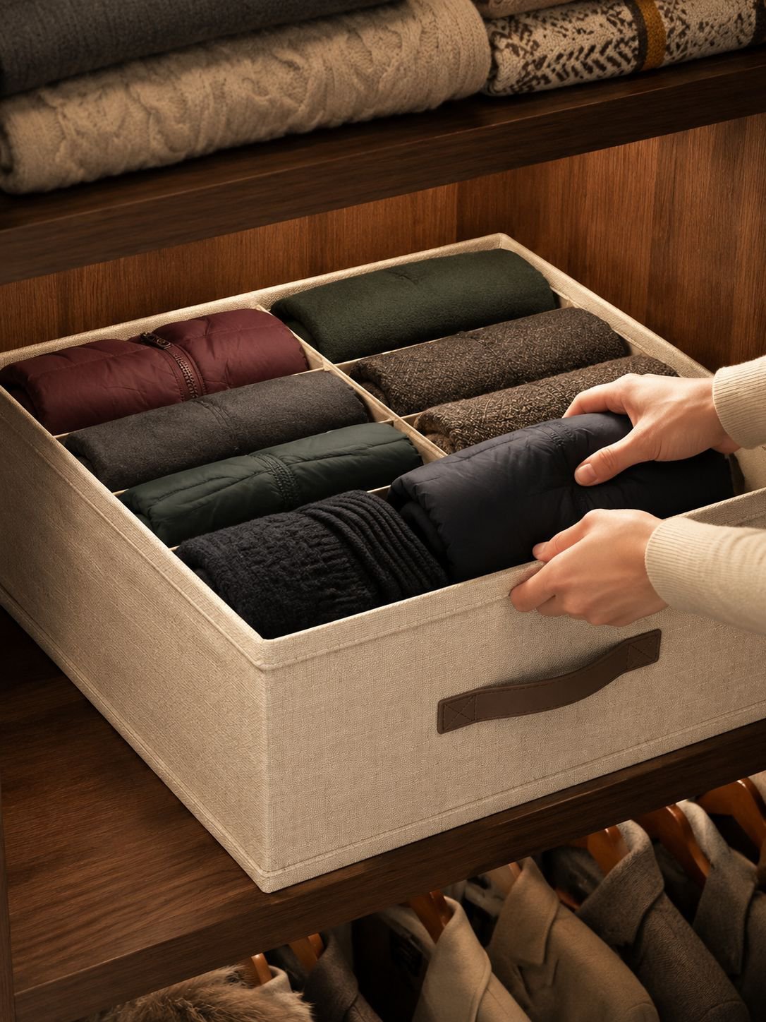 Caja con compartimentos separados para pantalones y ropa