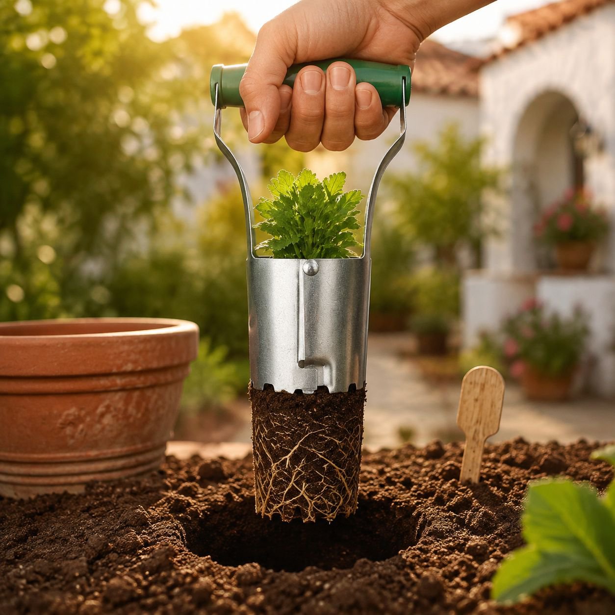 Plantador cilíndrico para trasplante de hortalizas y flores