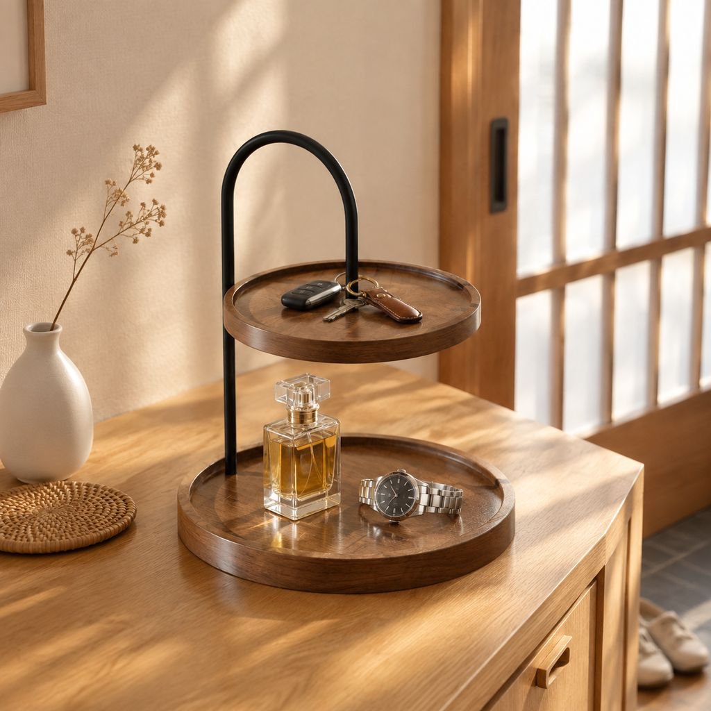 玄関の鍵・高級ジュエリー・香水・木製トレイを収納できる二段式デスクトップ収納ラック