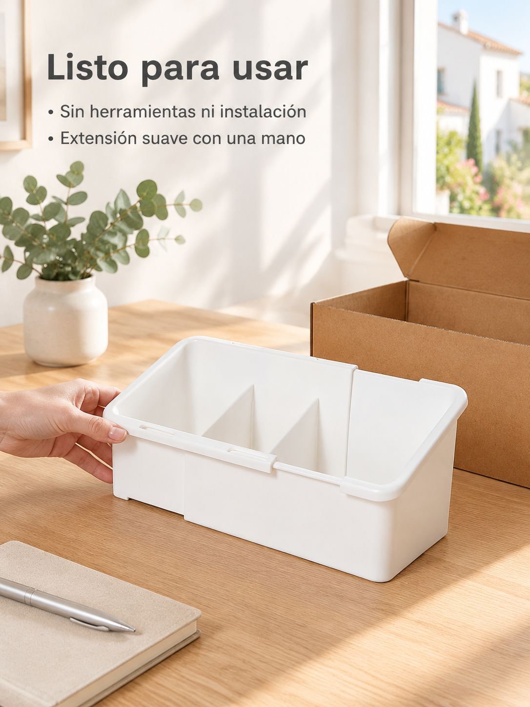Organizador extensible colocado sobre una mesa de trabajo