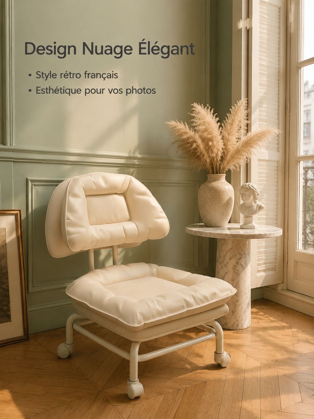 Chaise nuage moderne avec roulettes universelles pour un design élégant.