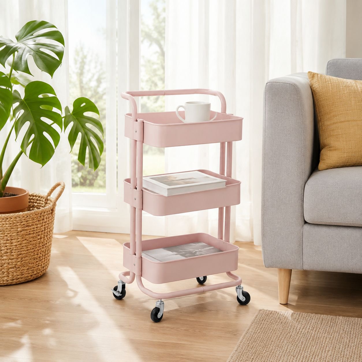 Organizador de 3 niveles estilo contenedor de camión en sala de estar