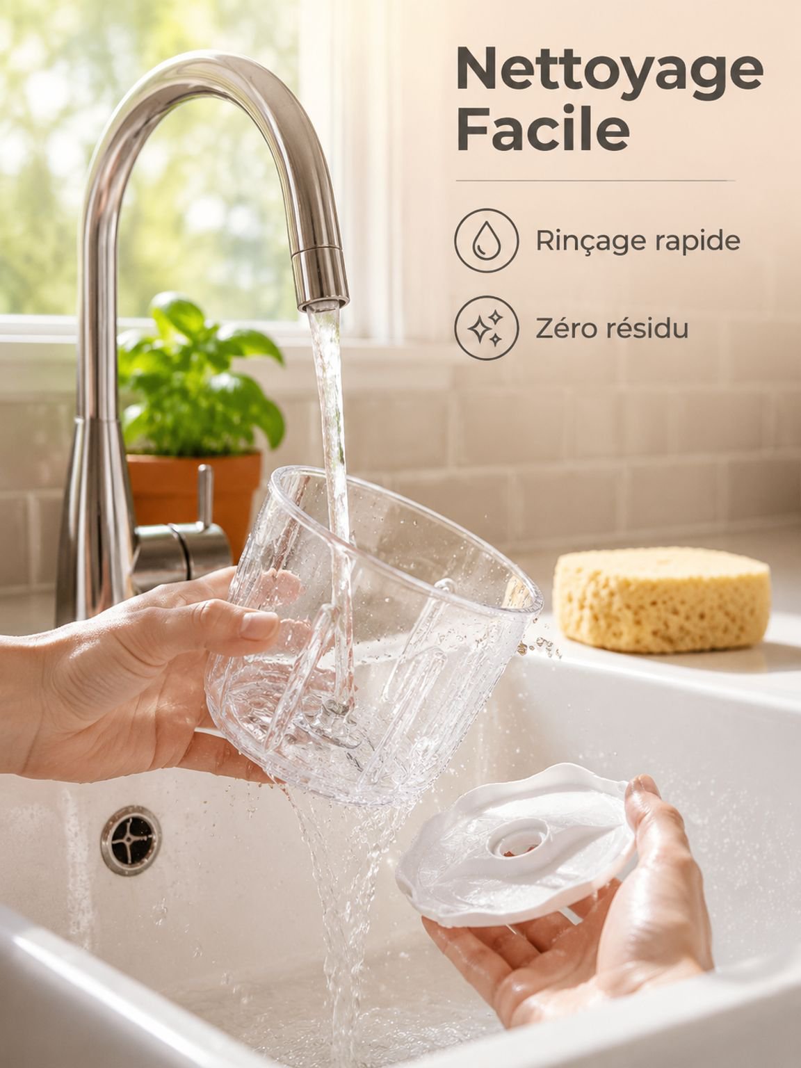 Photo montrant la qualité et la transparence du bol en verre du hachoir manuel