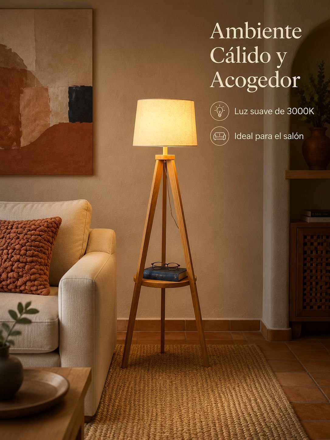 Lámpara de pie de salón con trípode de madera maciza