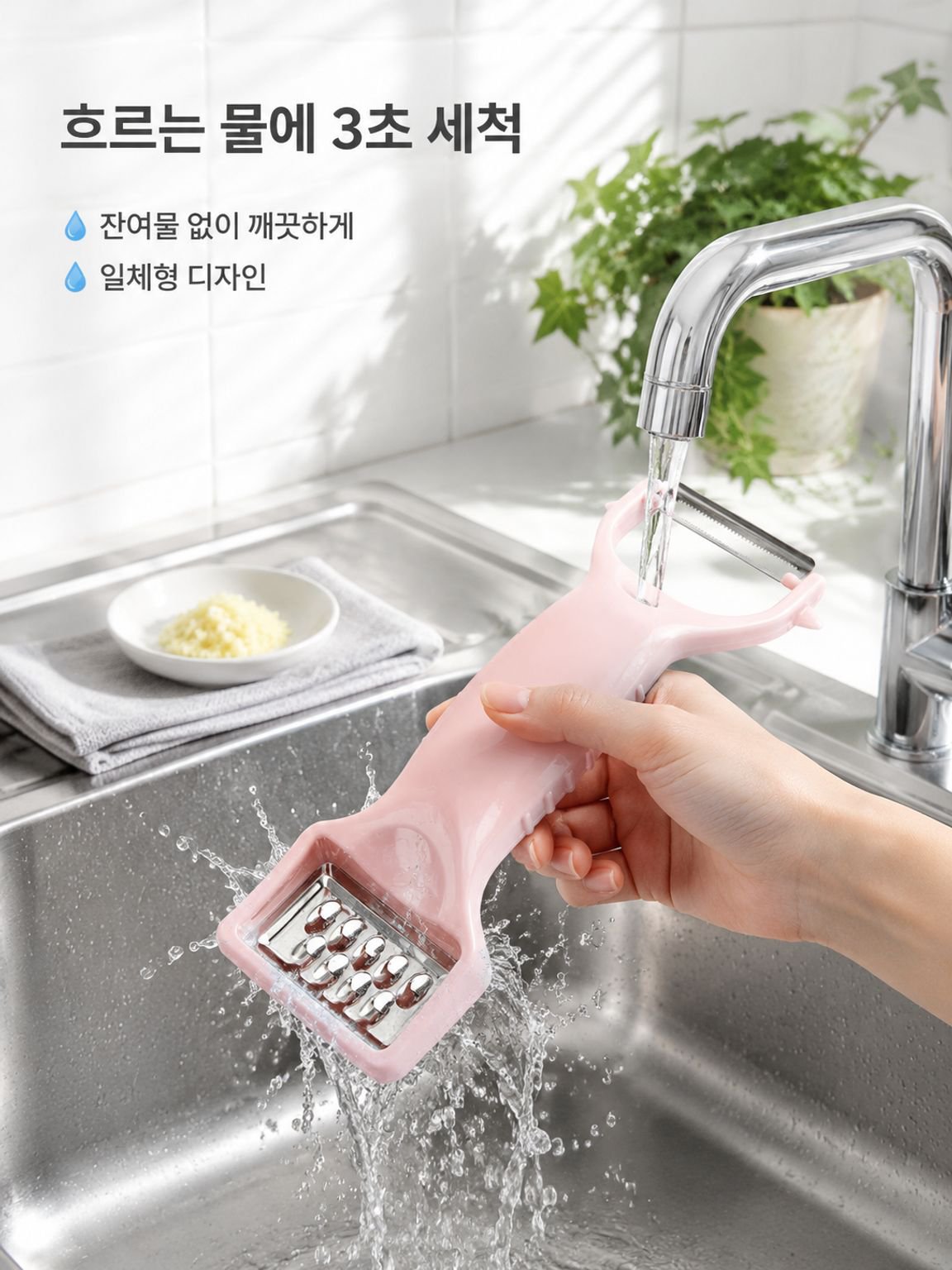 두 손을 합쳐 껍질을 깎는 기계와 과일과 채소를 제거하는 칼