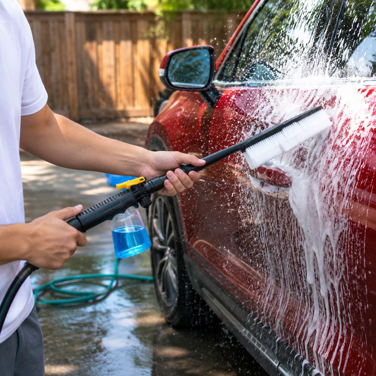 Long Handle Car Wash Brush with Water Spray in use