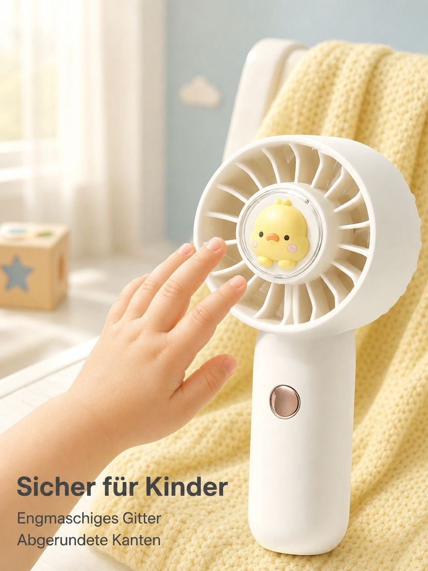 Tragbarer Mini-Handventilator mit gelber Ente, leise, USB-aufladbar