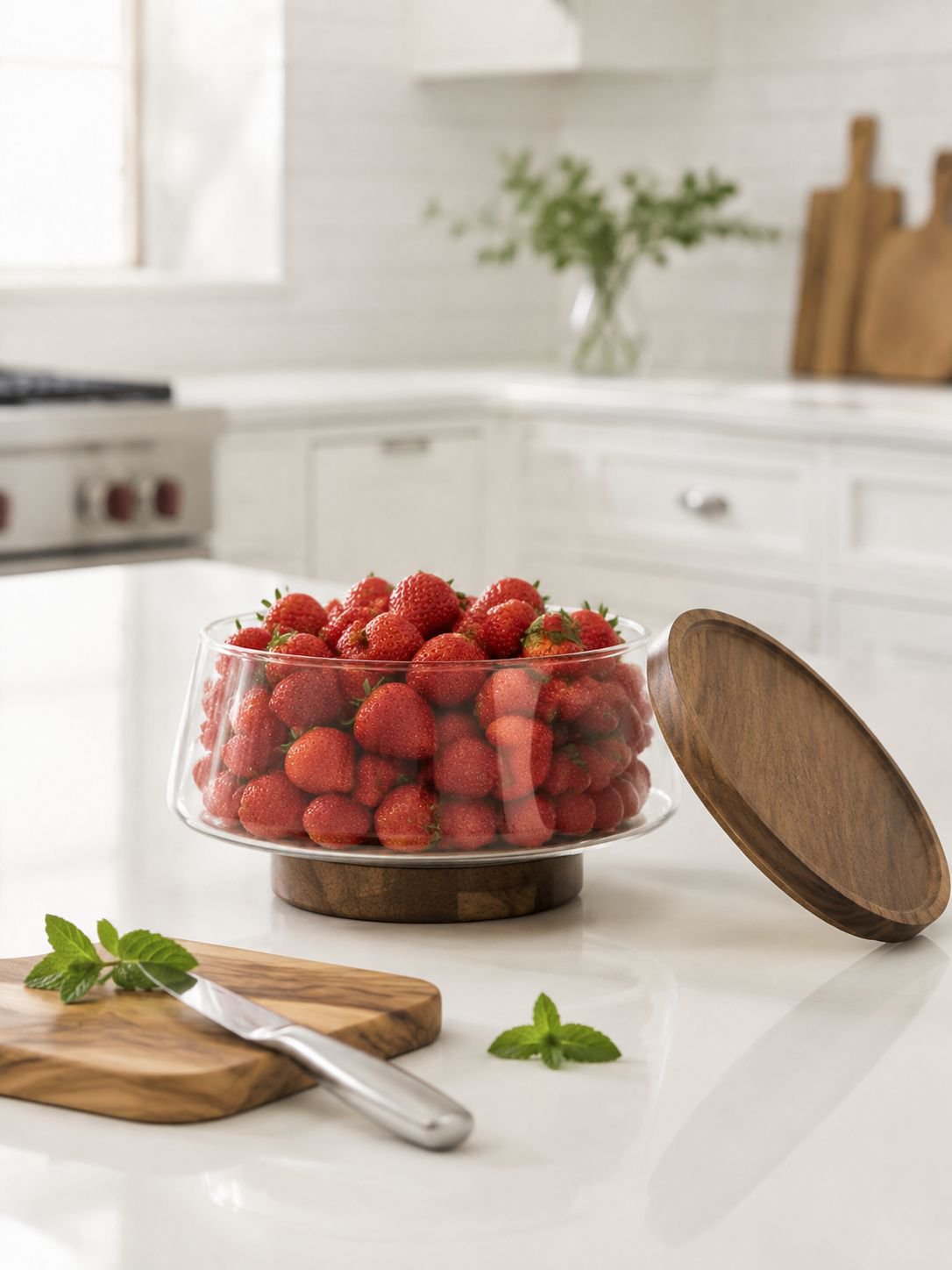Bandeja de vidrio transparente ideal para frutas variadas