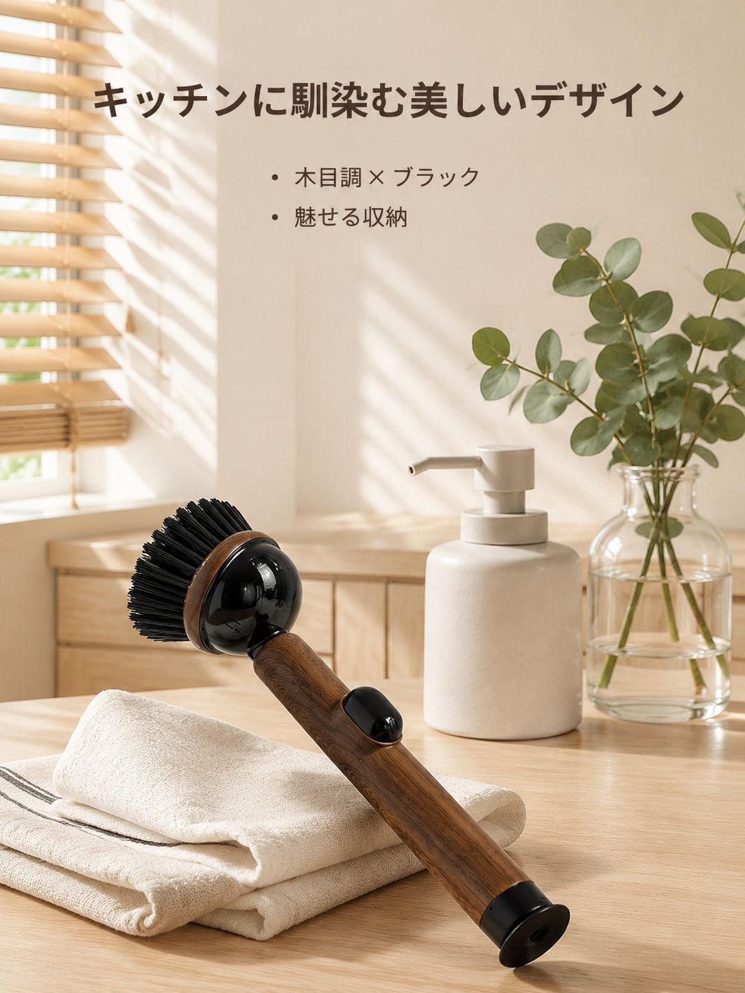 木目調吸盤付き長柄鍋用洗浄ブラシ 液体注入型 キッチン用