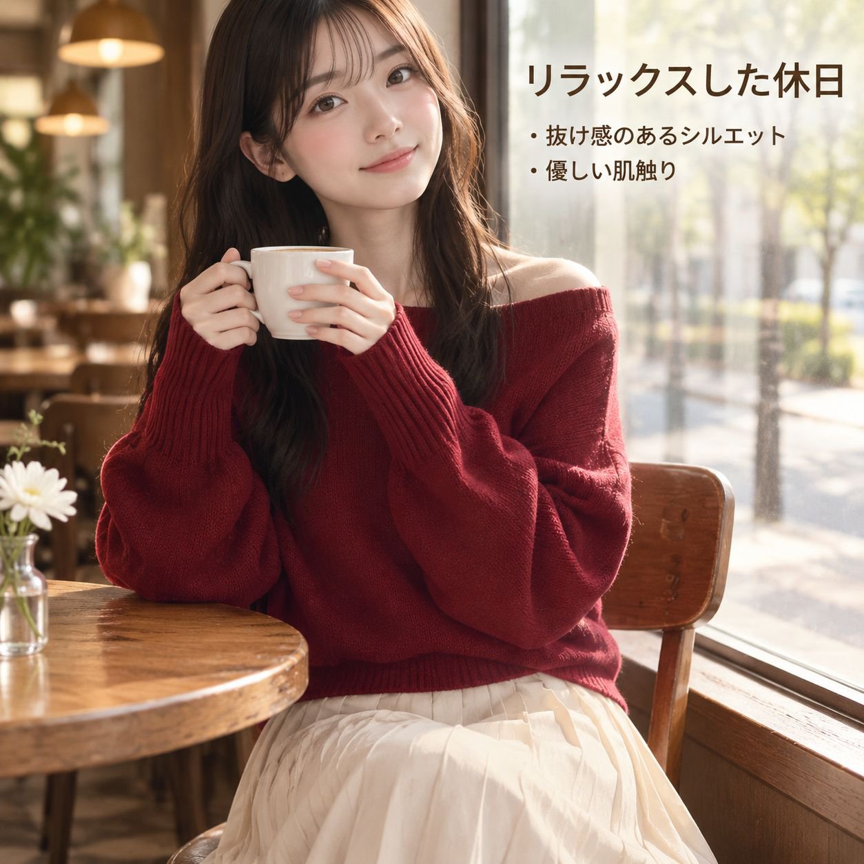 レディース オフショルダーニットセーター（リラックスフィット）