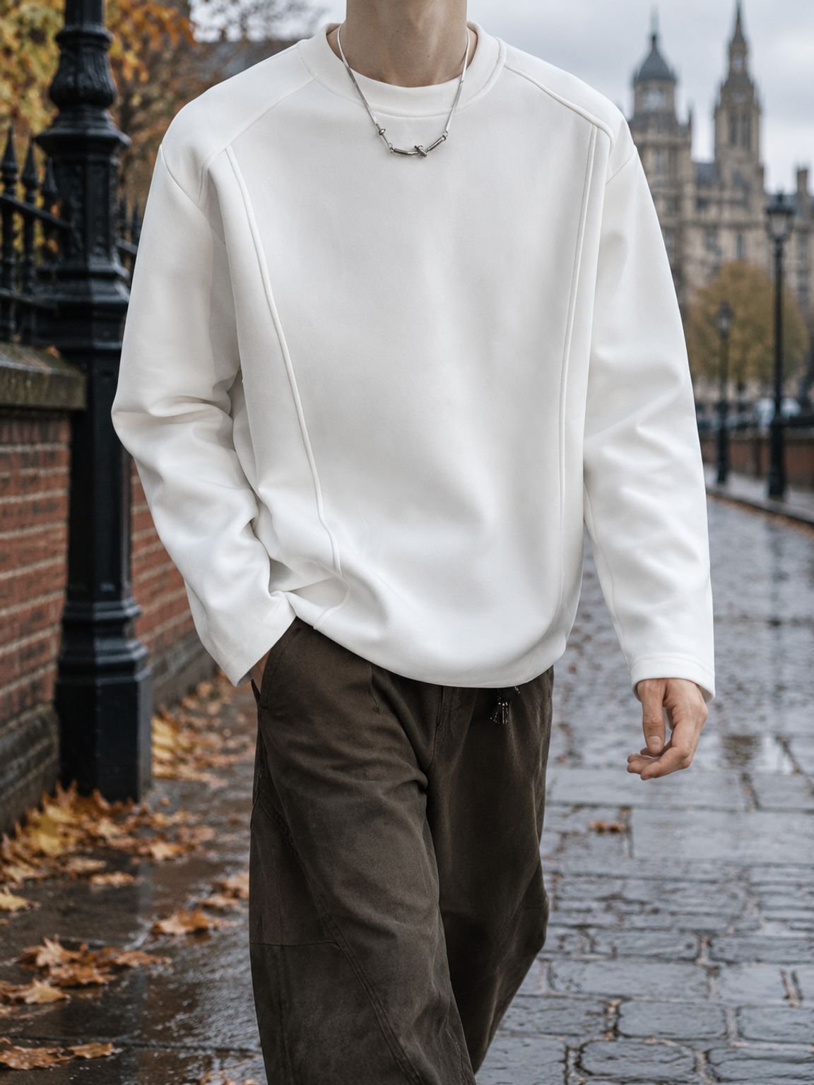 Front view of men's autumn white long-sleeve heavyweight t-shirt