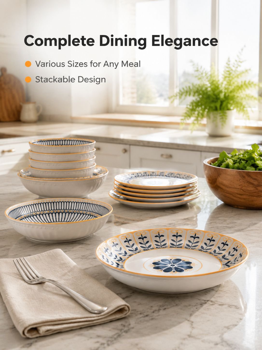 Patterned Pottery Bowl and Plate Set