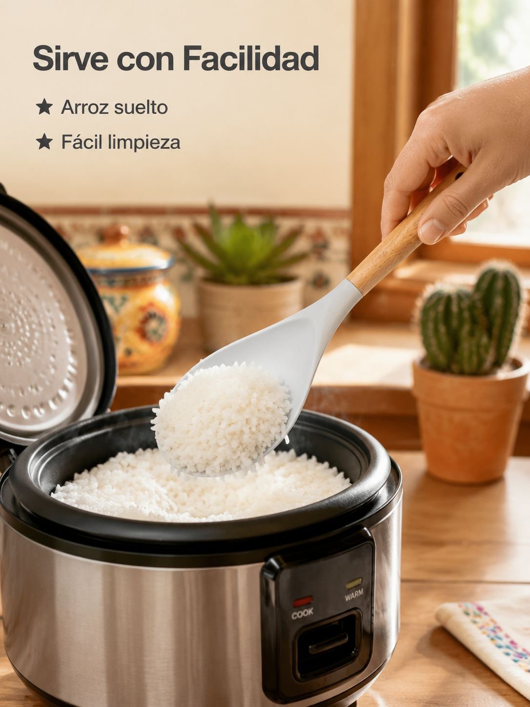 Cuchara de arroz de silicona con mango de madera