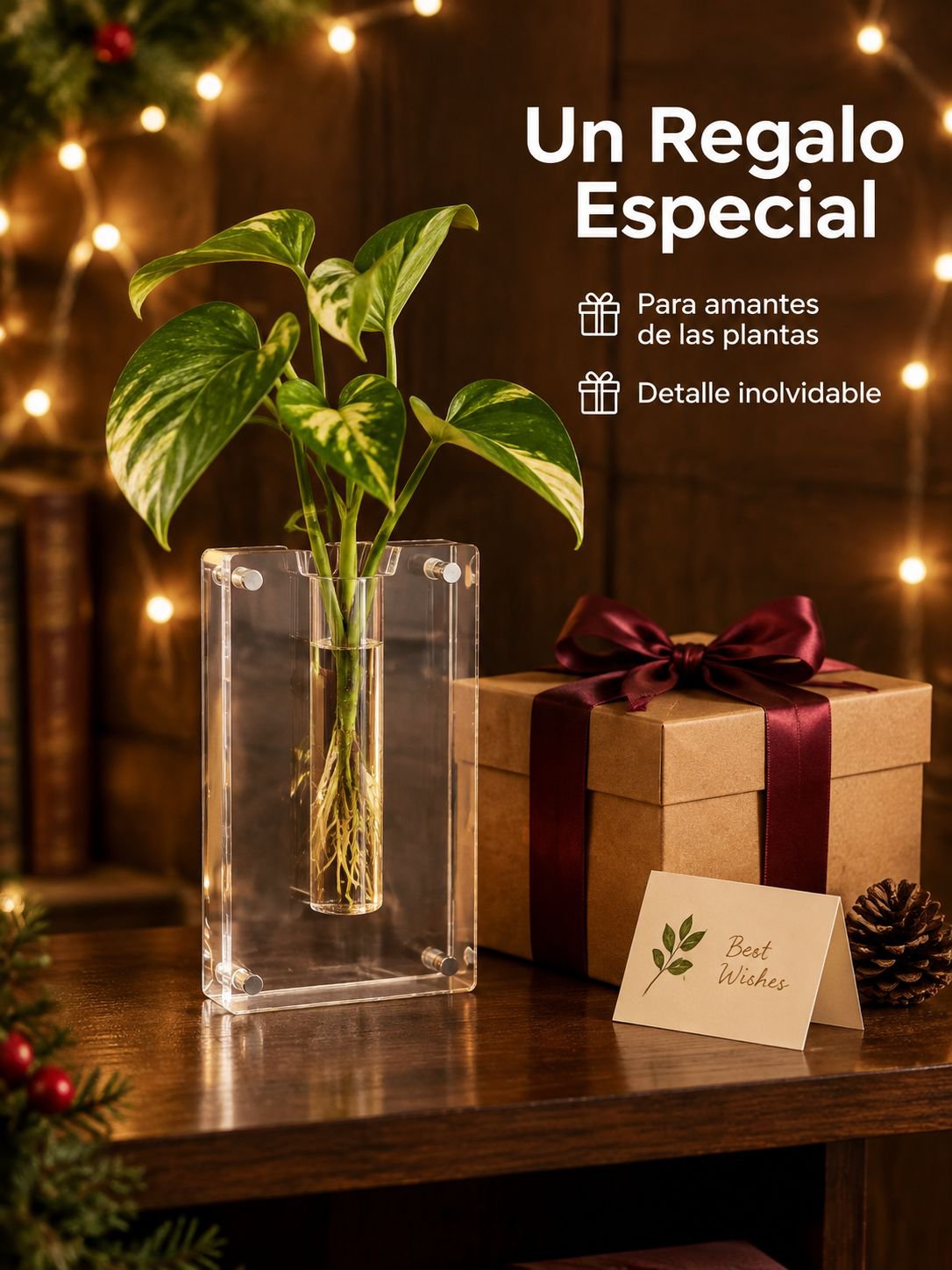 Jarrón de acrílico con flores frescas en el comedor