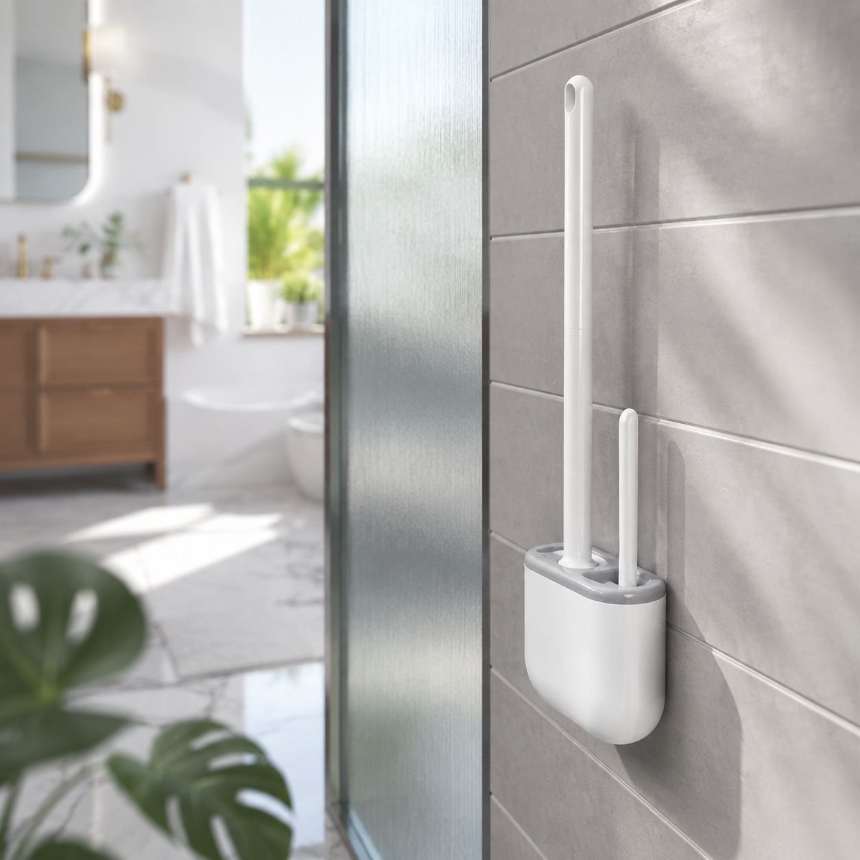 Space-saving wall-mounted toilet brush design