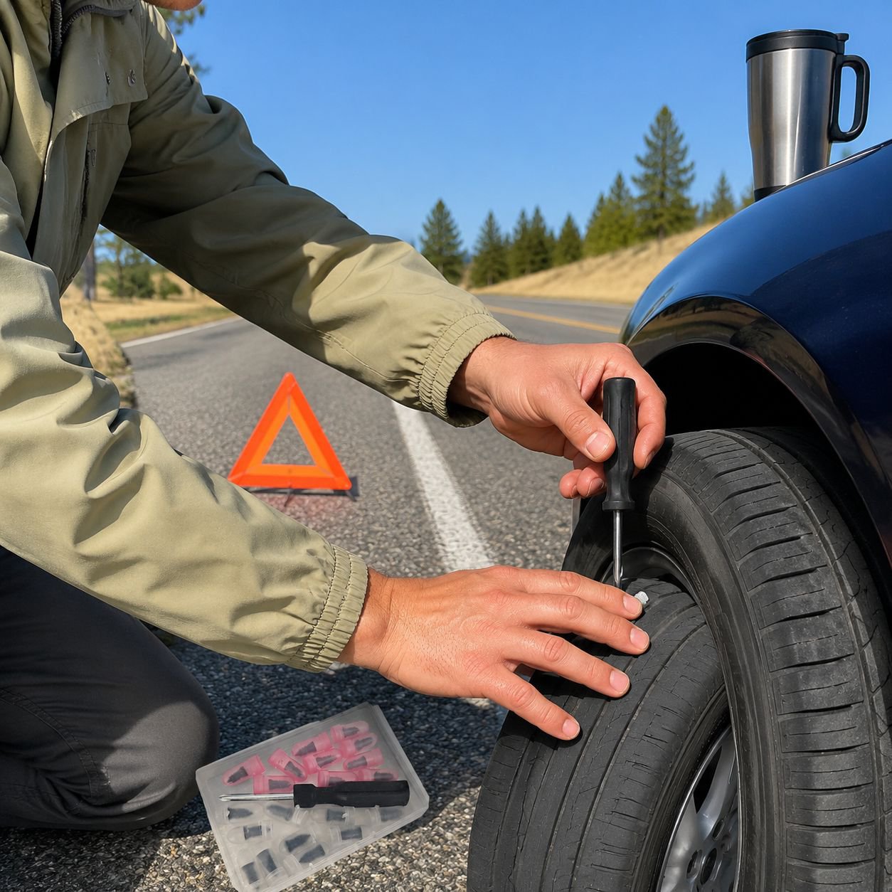 Compact tire repair tool for roadside emergencies