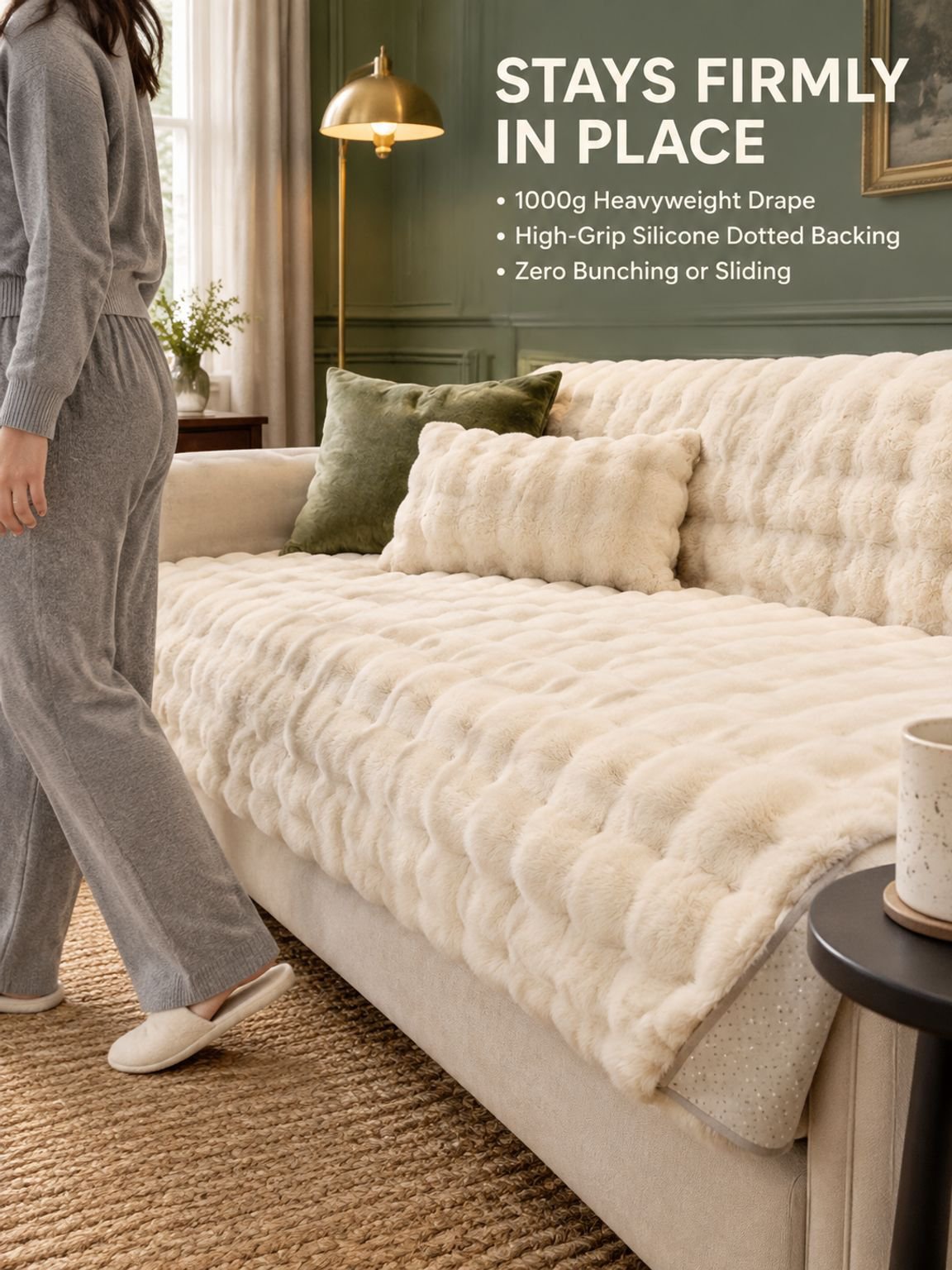 Wavy edge detail on a plush faux rabbit fur sofa blanket