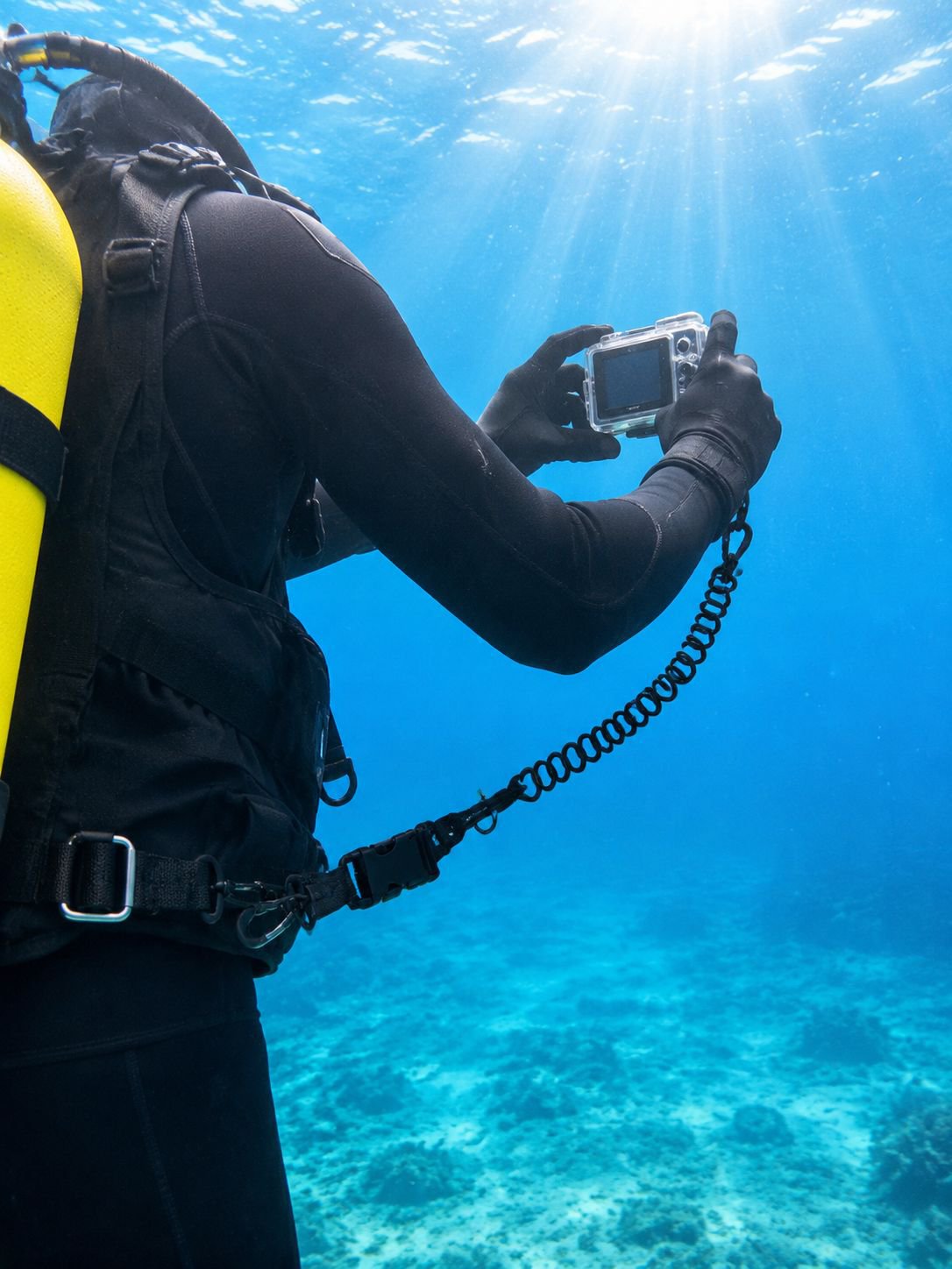 Coiled TPU camera leash designed for scuba diving