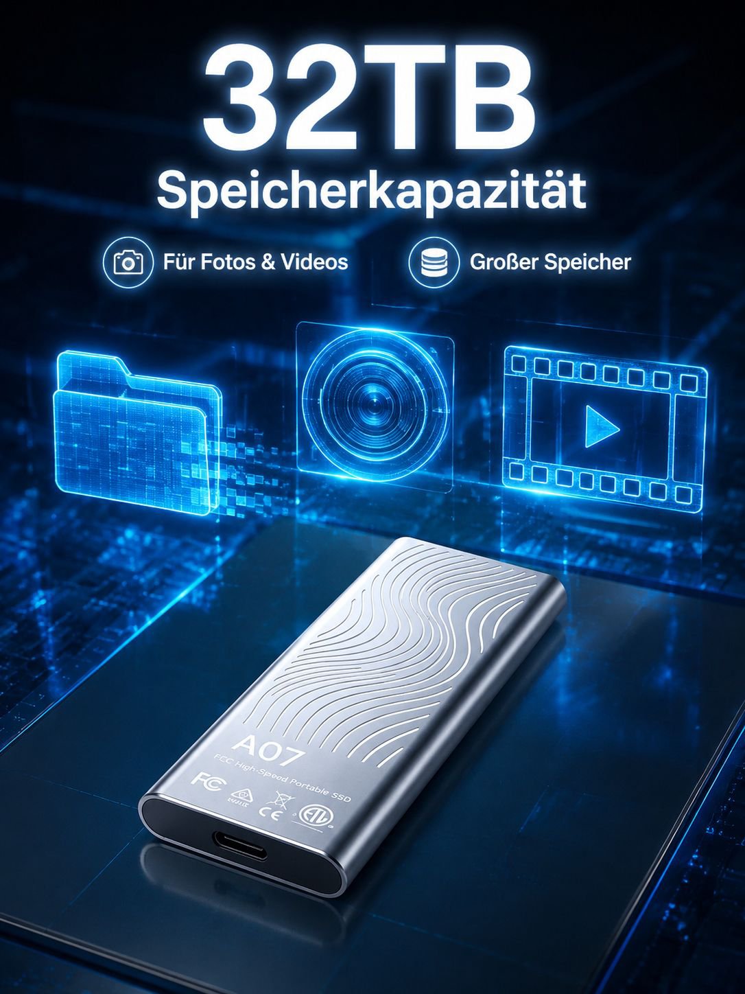 32TB Hochgeschwindigkeits-SSD Externe Festplatte aus intelligentem Aluminiumlegierung für PC/Mac