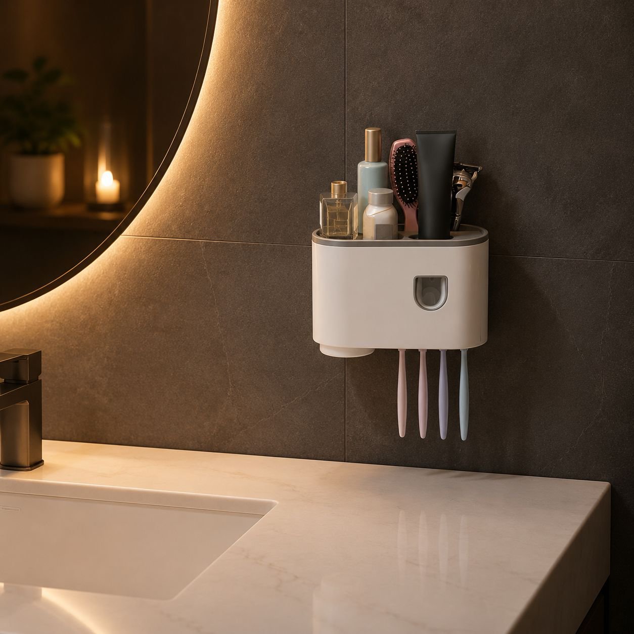 Toothpaste squeezer and mouthwash cup storage solution