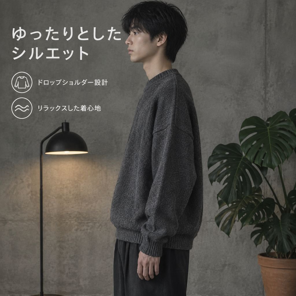 メンズ 無地 ドロップショルダー クルーネックニット
