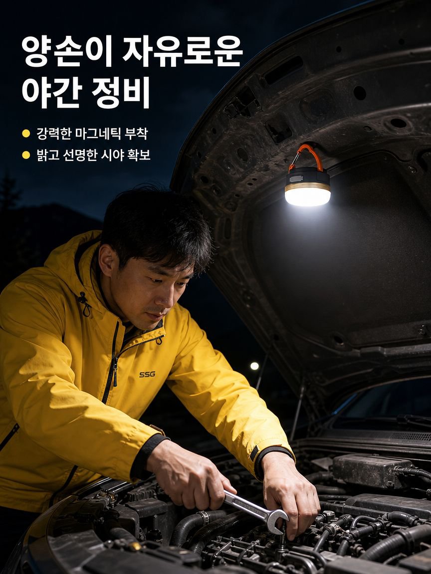 텐트 천장에 설치된 걸이형 LED 등