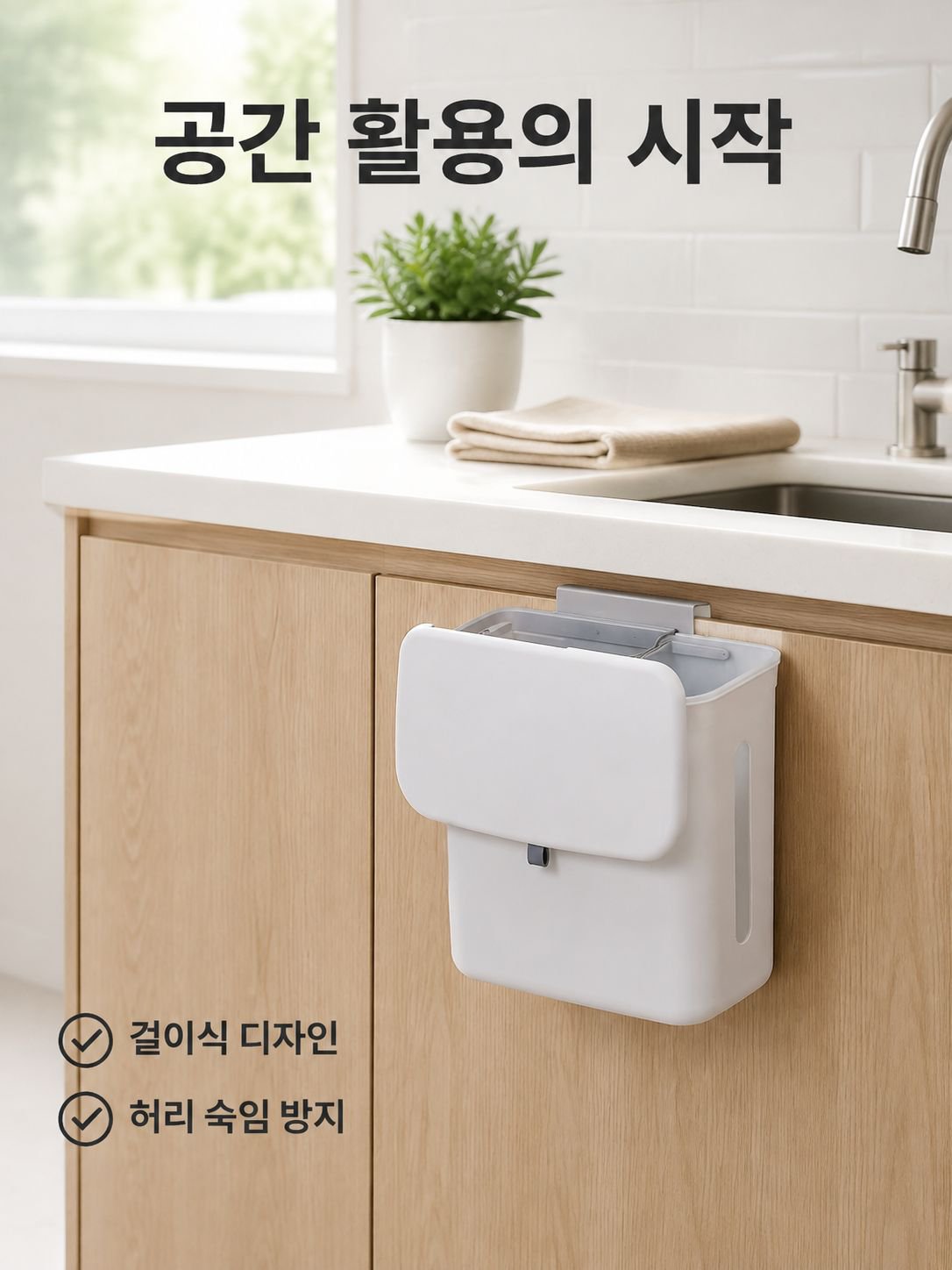 캐비닛 문걸이형 음식물 쓰레기 분리수거통 슬라이드 커버 흰색