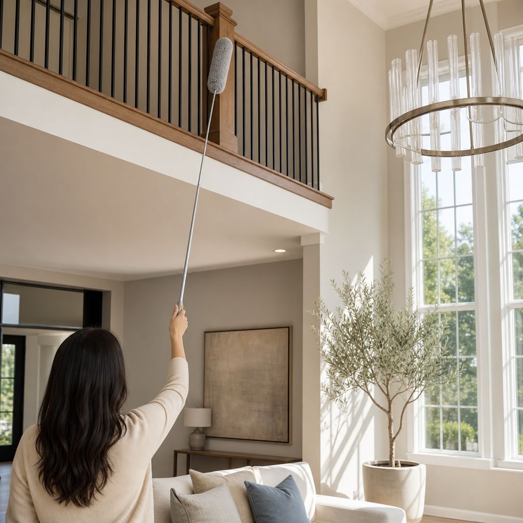 Telescopic Ceiling Dust Cleaner Feather Duster in Use on High Ceiling