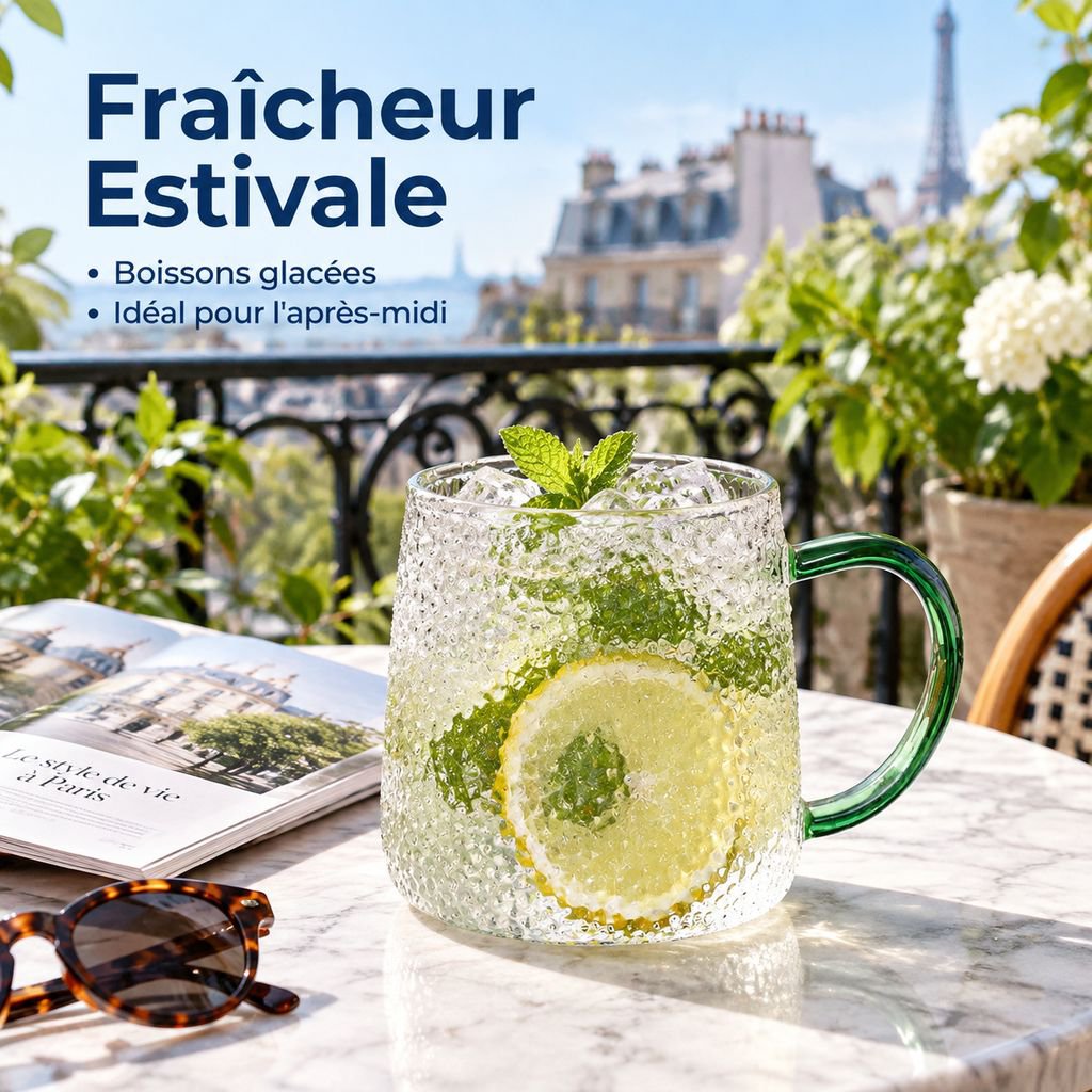 Tasse en verre martelé posée sur une table
