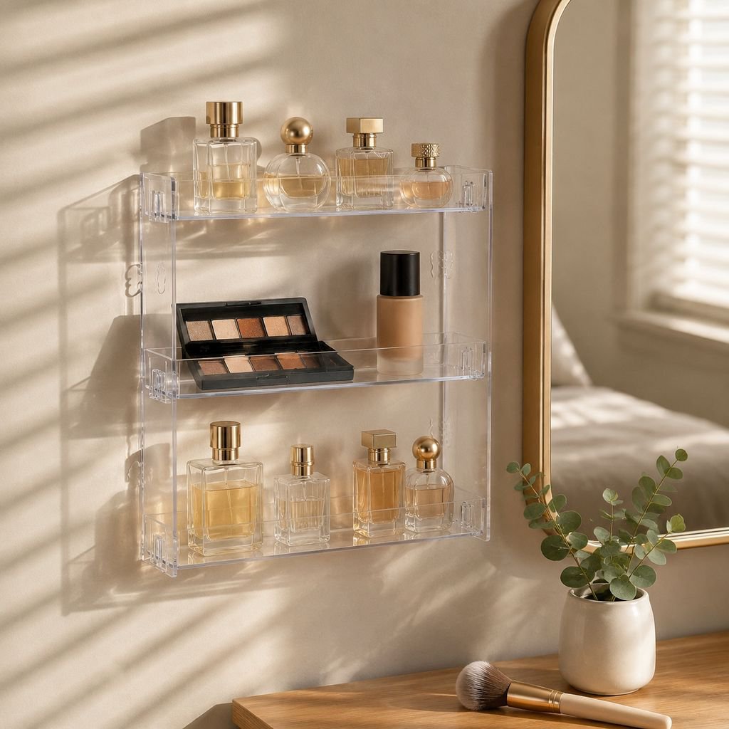 Punch-free acrylic figurine display shelf installed in bathroom