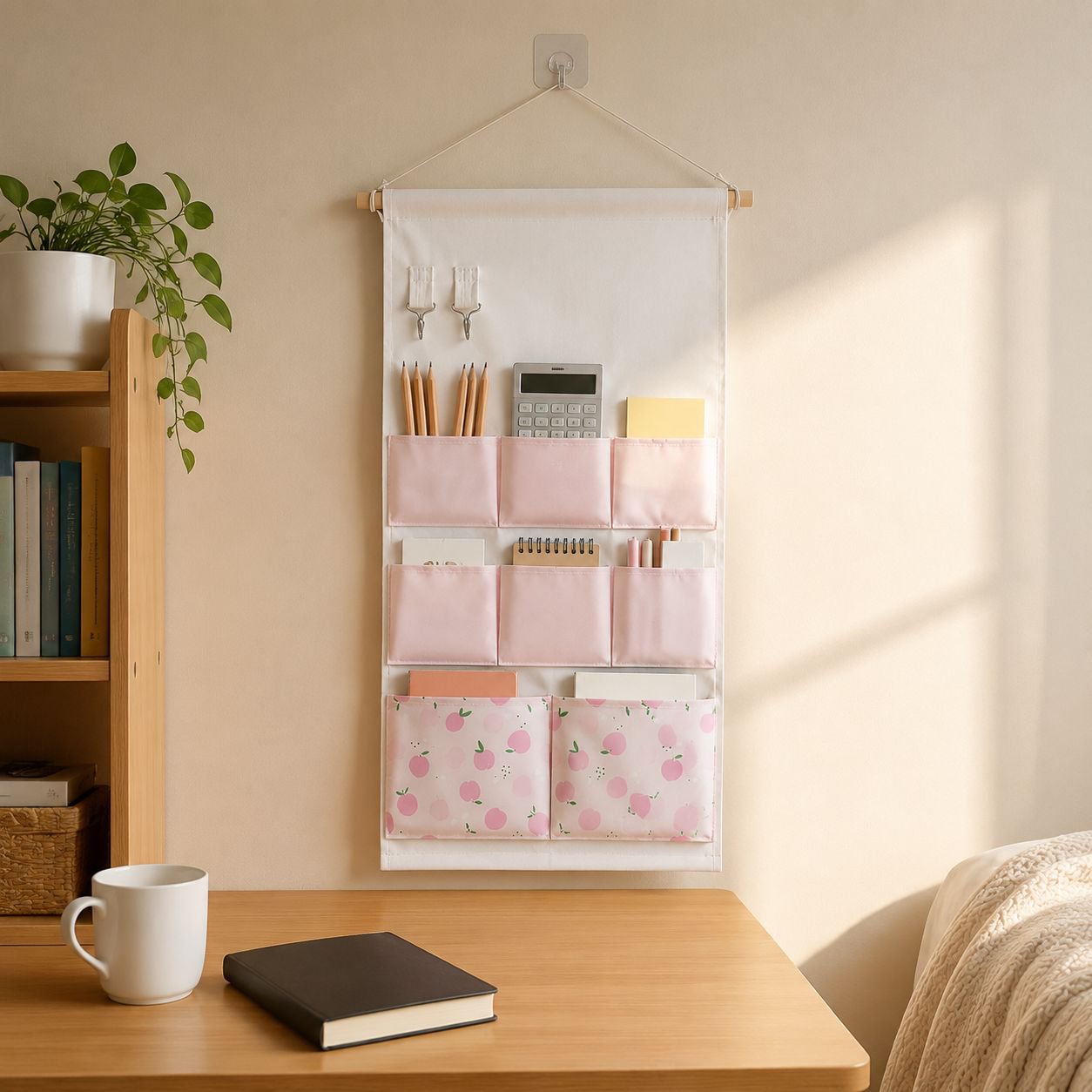 Multi-functional fabric storage bag hanging on a wall