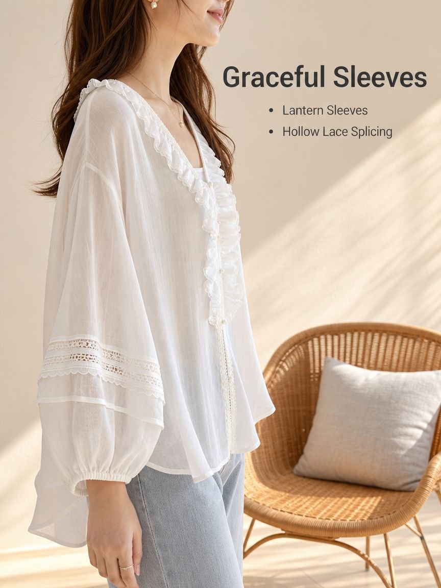 Loose Fit Versatile White V-neck Ruffled Shirt, New Summer Style