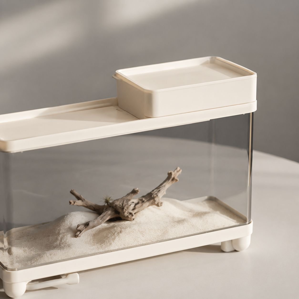 Crab tank with natural habitat accessories and climbing area