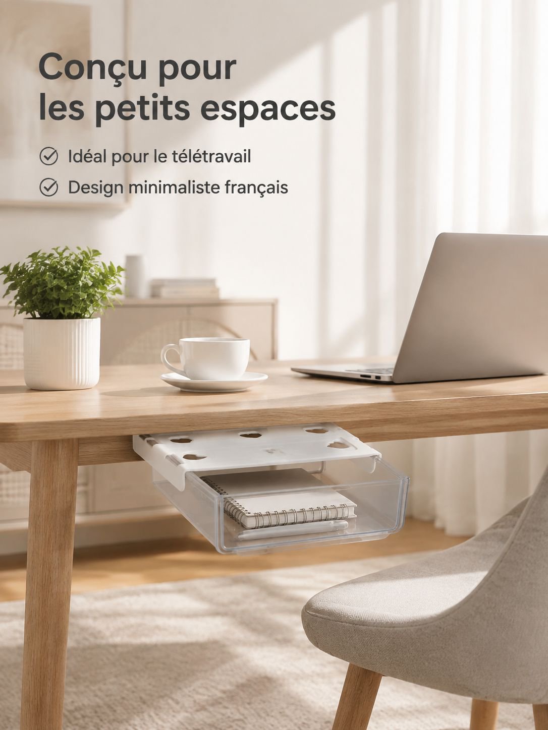 Boîte de rangement à tiroir sous le bureau, design compact