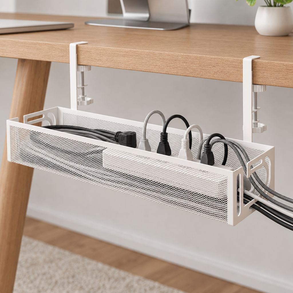 Close-up of cable tray holding multiple wires and power strips