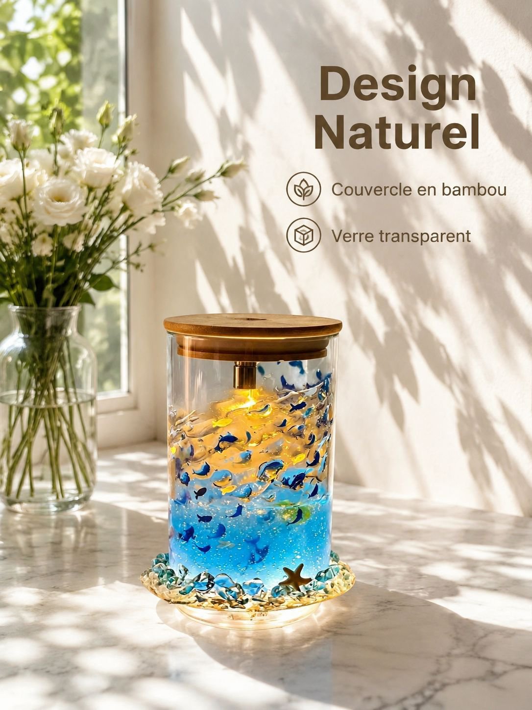 Veilleuse lumineuse apaisante bleue avec petits poissons flottants